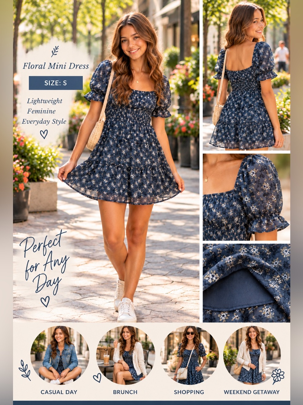 Altar’d State Navy Floral Puff Sleeve Smocked Mini Dress Size Small